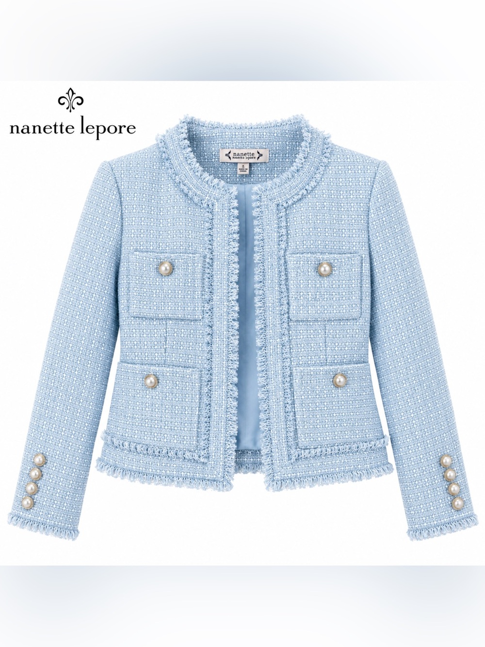 NWT Nanette Lepore Light Blue Tweed
Fringe Jacket Pearl Buttons. - Picture 2 of 10